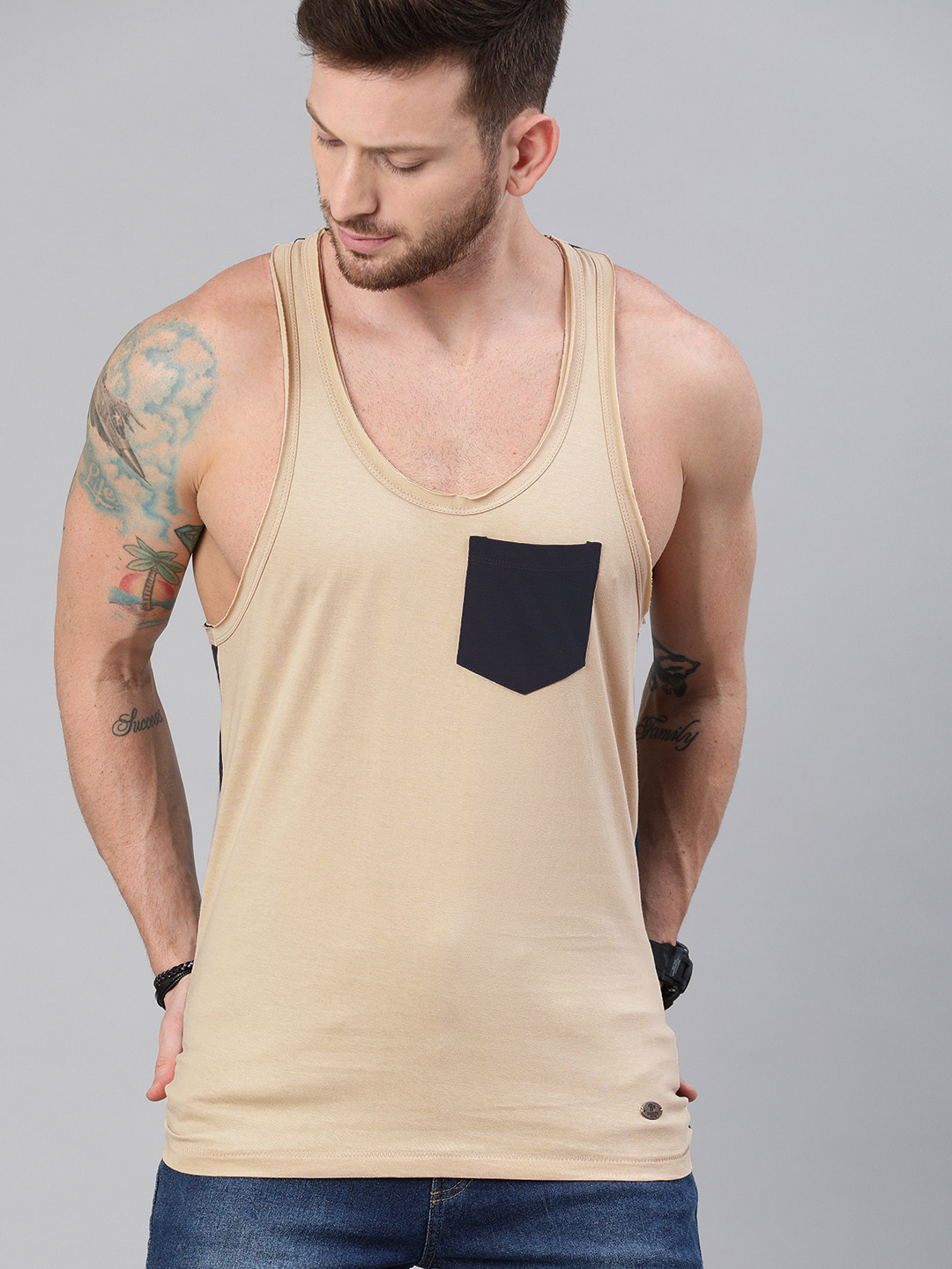 Roadster Men Beige Solid Round Neck T-shirt