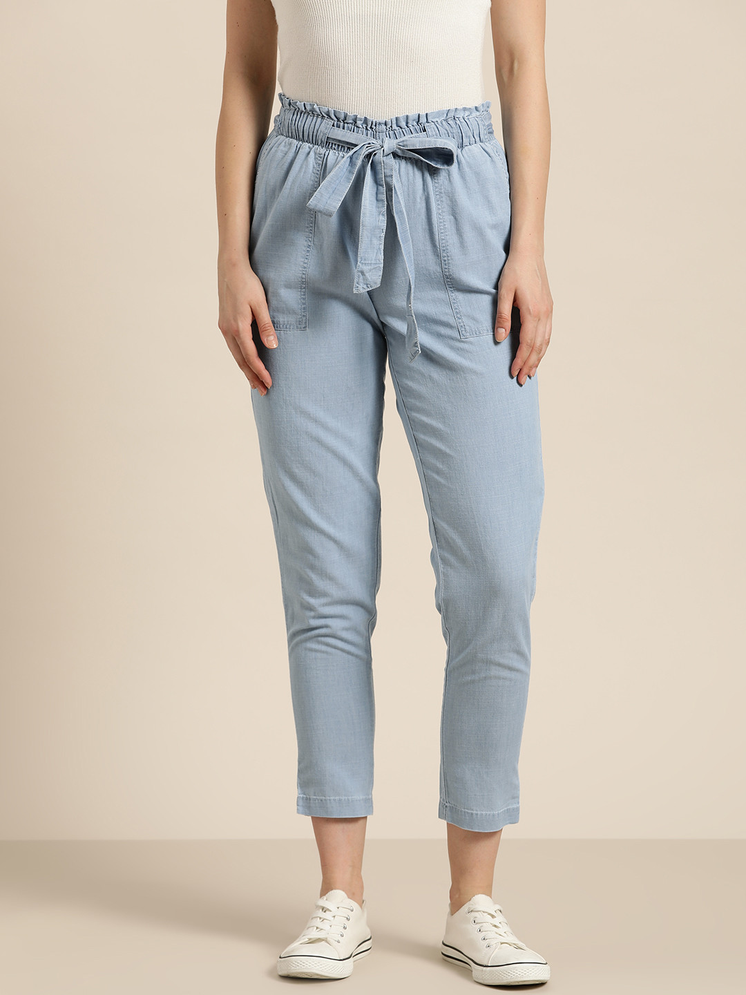 Kraus Jeans Women Blue Regular Fit Solid High Rise Cropped Paper Bag Trousers