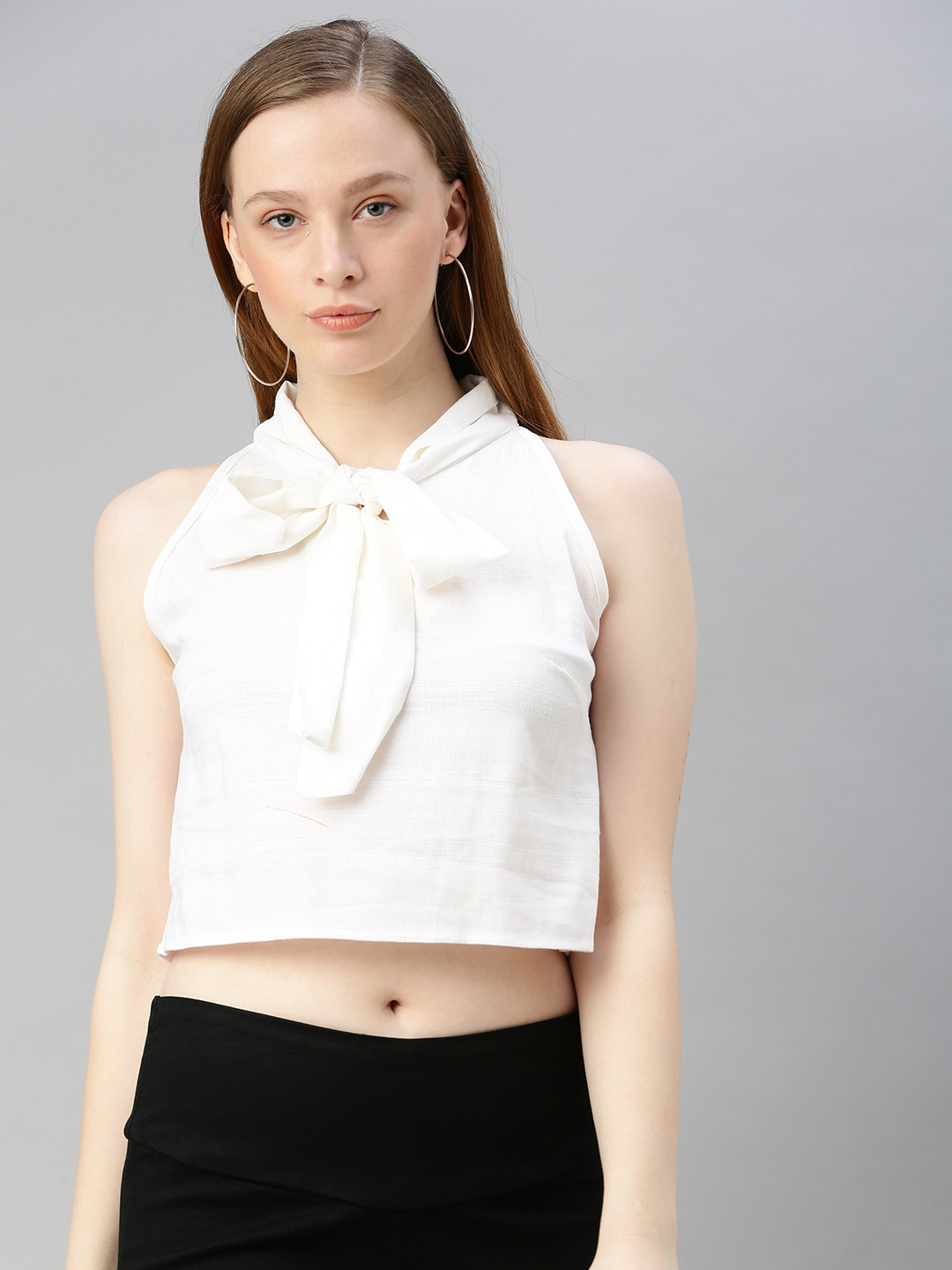 Sera Women White Self Design Tie-Up Neck Cropped Top