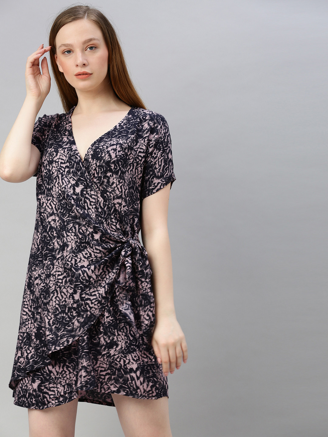 Sera Women Black & Pink Printed Mini Wrap Dress With Waist Tie-ups