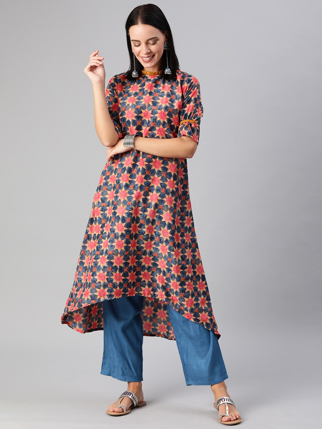 Ethnovog Women Navy Blue  Pink Printed Made To Measure A-Line Kurta