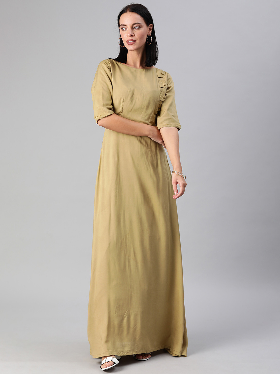 Ethnovog Women Khaki Solid Made to Measure Maxi Dress with Tie-Ups