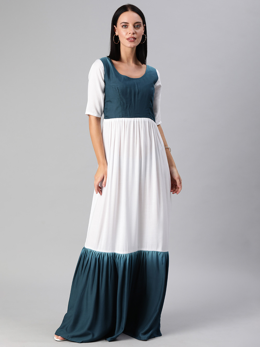 Ethnovog Women Teal Blue  White Colourblocked Made to Measure Maxi Dress