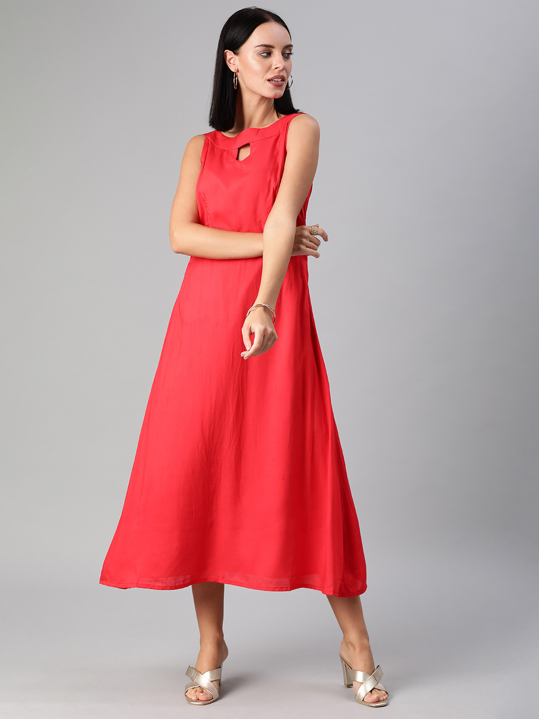 Ethnovog Women Red Solid Made to Measure A-Line Dress
