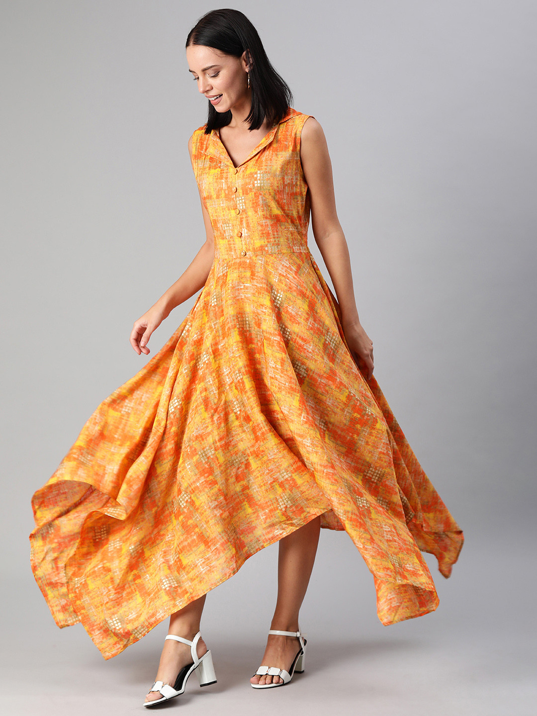Ethnovog Women Orange Printed Made to Measure Fit and Flare Dress