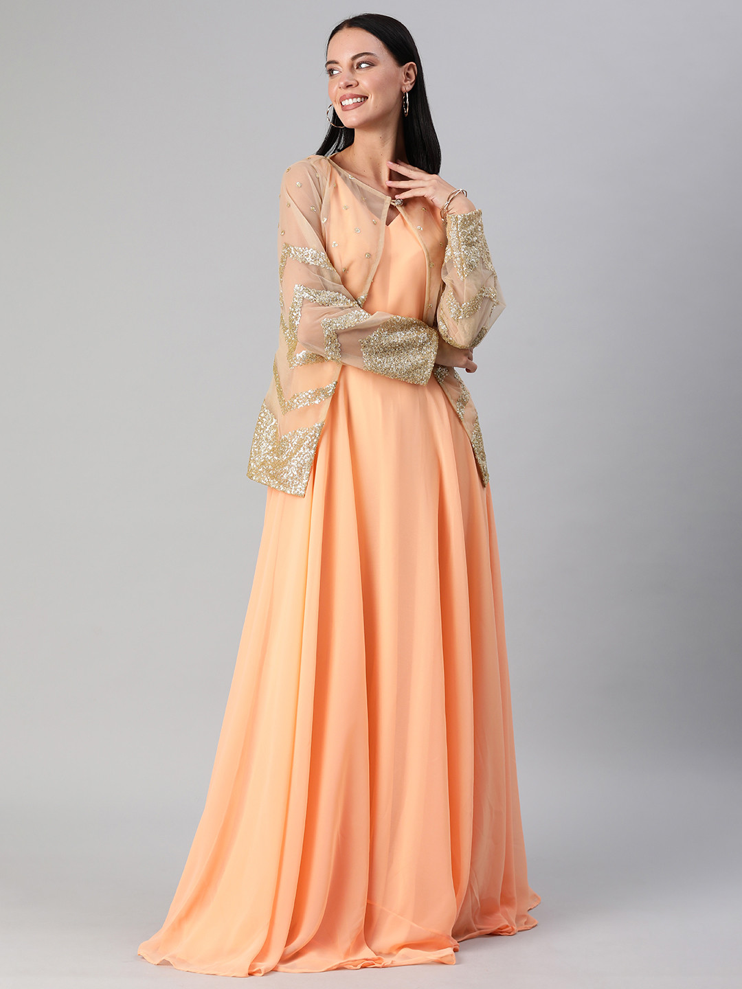 Ethnovog Women Peach-Coloured Made To Measure Maxi Dress with Embellished Jacket