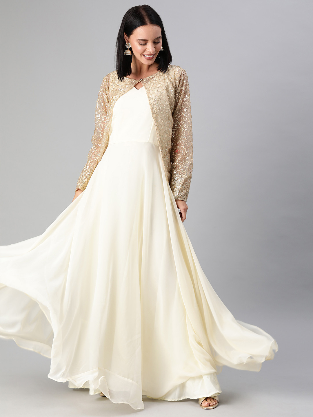 Ethnovog Women Off-White Made To Measure Solid Maxi Dress With Embellished Jacket