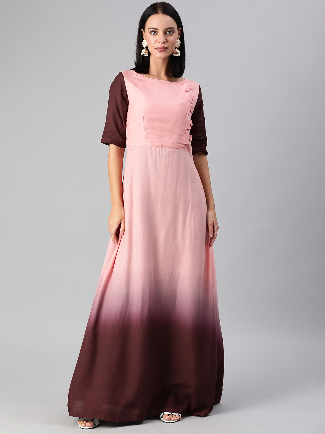 Ethnovog Women Pink  Burgundy Dyed Made to Measure Maxi Dress