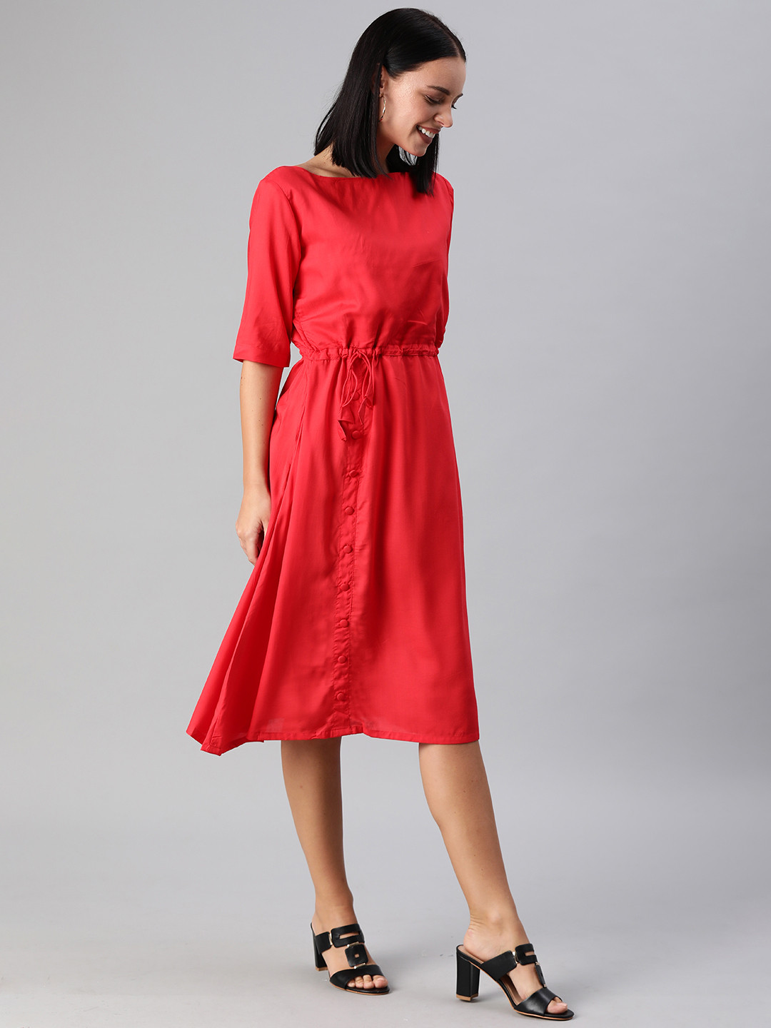 Ethnovog Women Red Solid Made To Measure Fit and Flare Dress