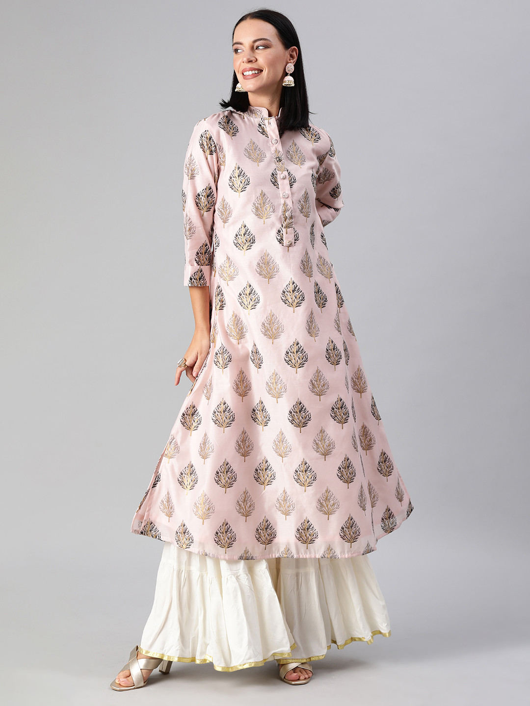 Ethnovog Women Pink Foil Printed Made To Measure Straight Kurta