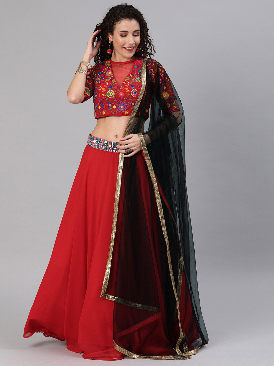 Ethnovog Red  Black Embroidered Made to Measure Lehenga  Blouse with Dupatta