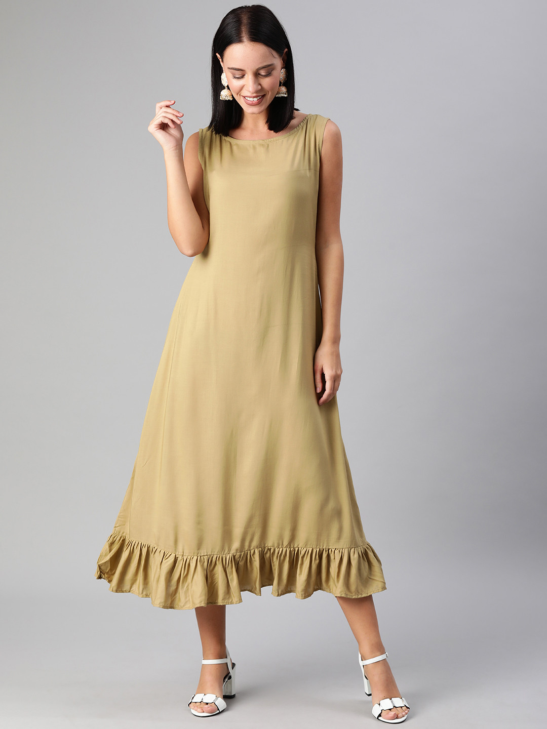Ethnovog Women Khaki Made To Measure Solid A-Line Dress