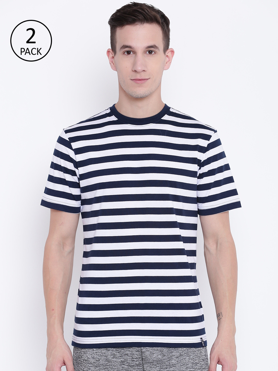 Jockey Men Pack of 2 Navy Blue  White Striped Round Neck Pure Cotton T-shirt