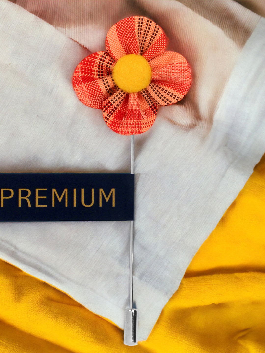 PELUCHE Unisex Orange & Yellow The Four Petal Checkerd Flower Lapel Pin