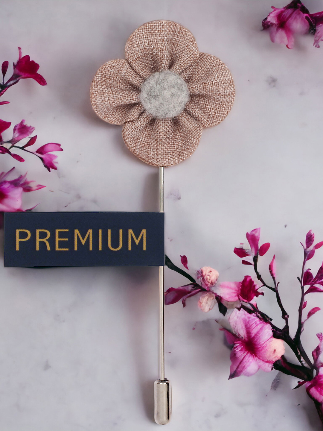 PELUCHE Unisex Khaki-Coloured & Grey The Four Petal Classic Flower Lapel Pin