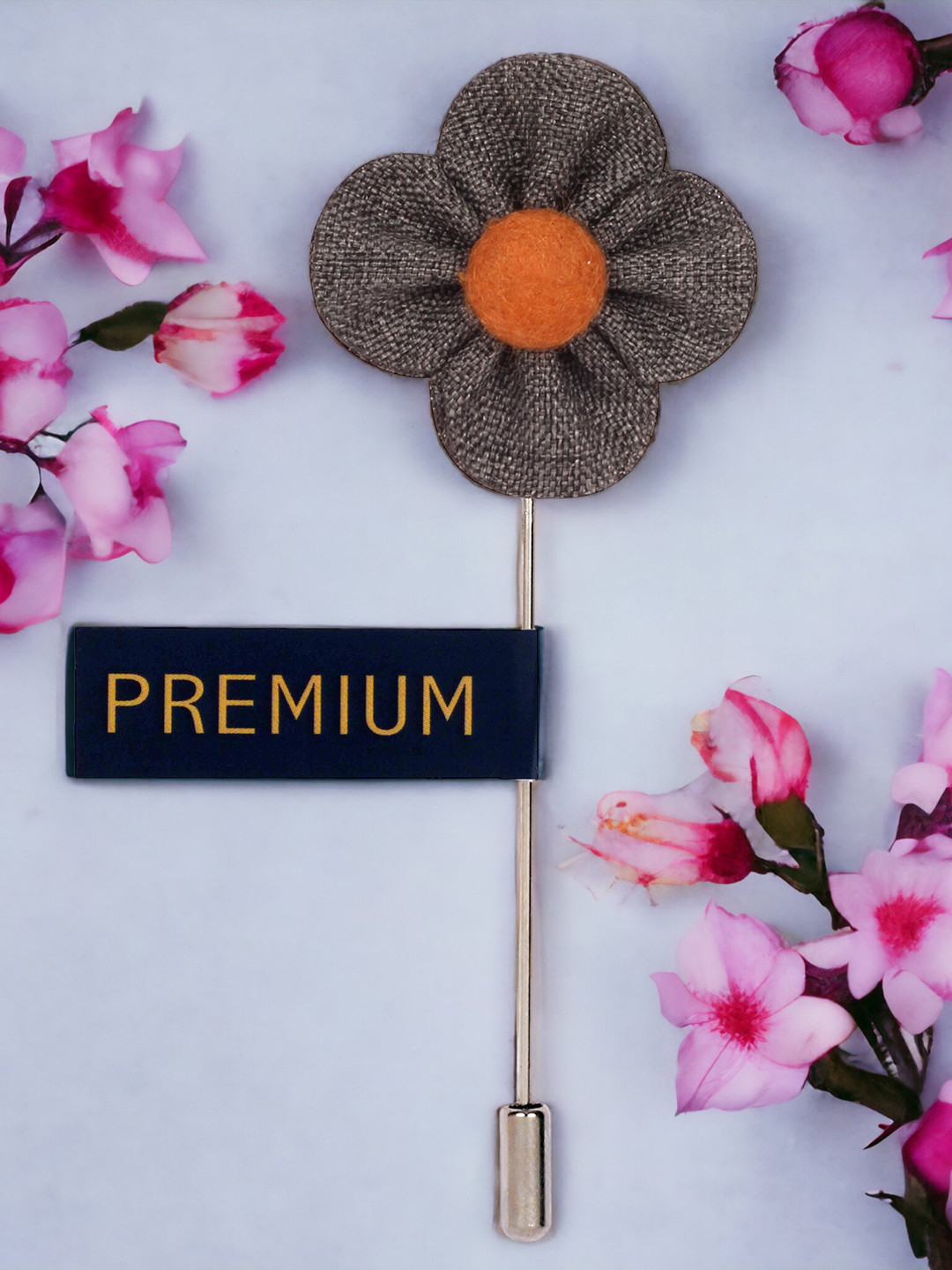 PELUCHE Unisex Grey & Orange The Four Petal Classic Flower Lapel Pin