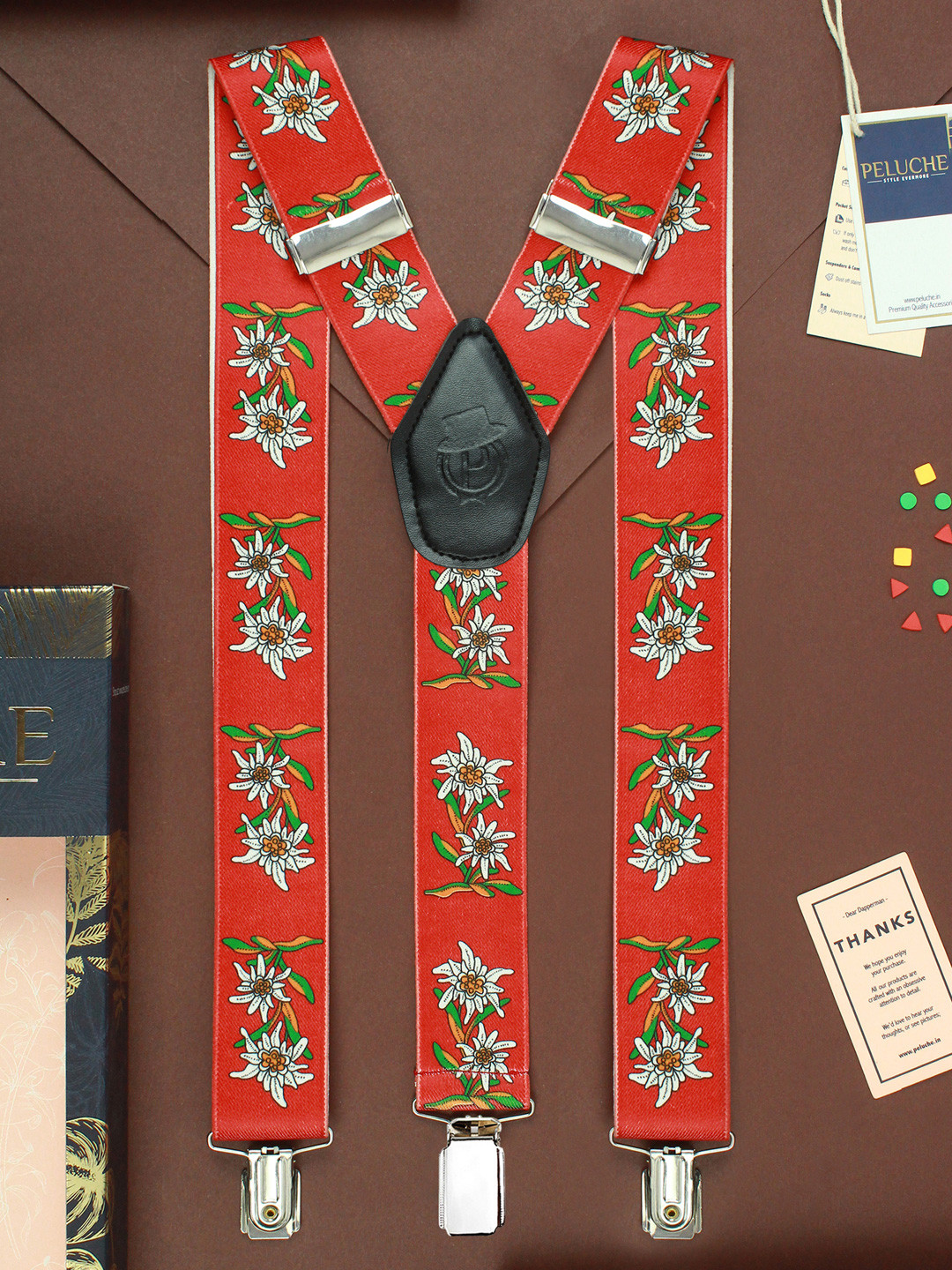 PELUCHE Men Red & Grey Patterned Floral Fun Suspenders