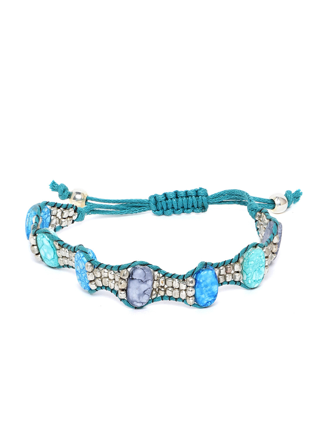 RICHEERA Sea Green & Turquoise Blue Silver-Plated Beaded Bracelet