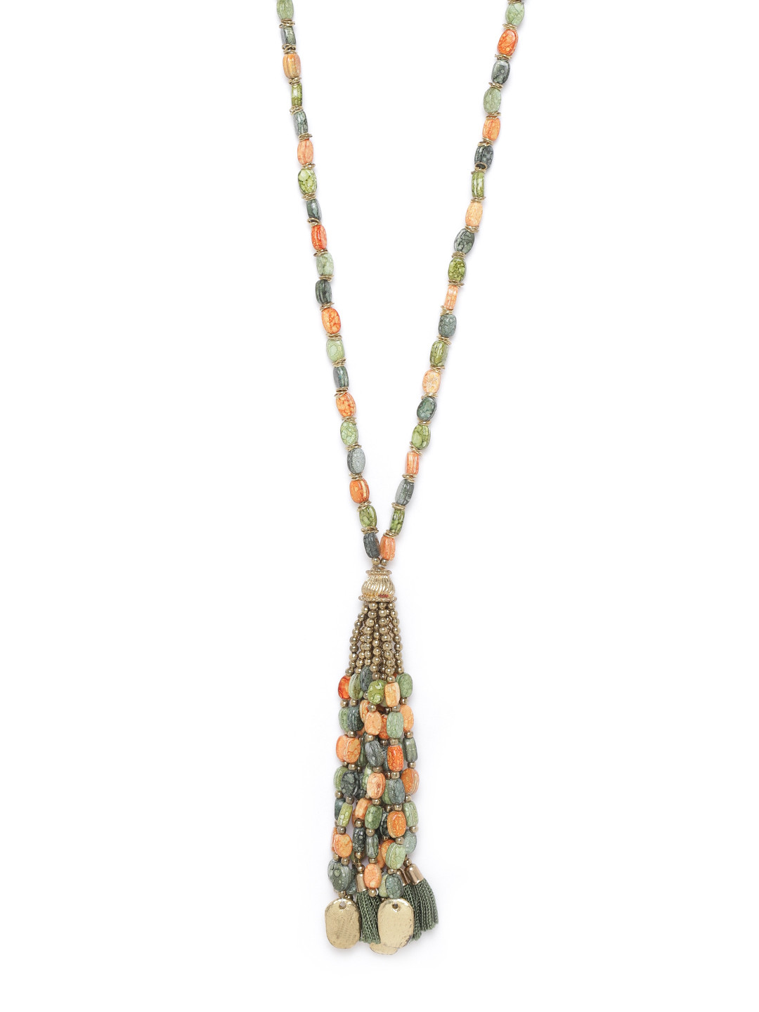 RICHEERA Olive Green & Peach-Coloured Antique Gold-Plated Beaded Tasselled Necklace