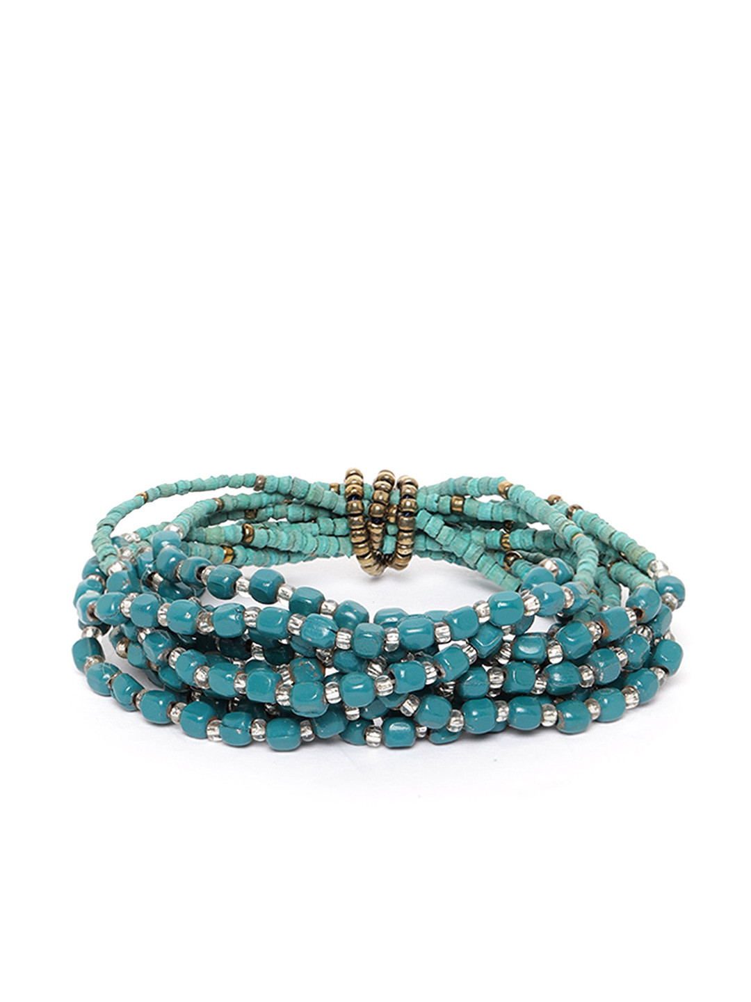 RICHEERA Teal Green & Antique Gold-Toned Beaded Multistranded Elasticated Bracelet