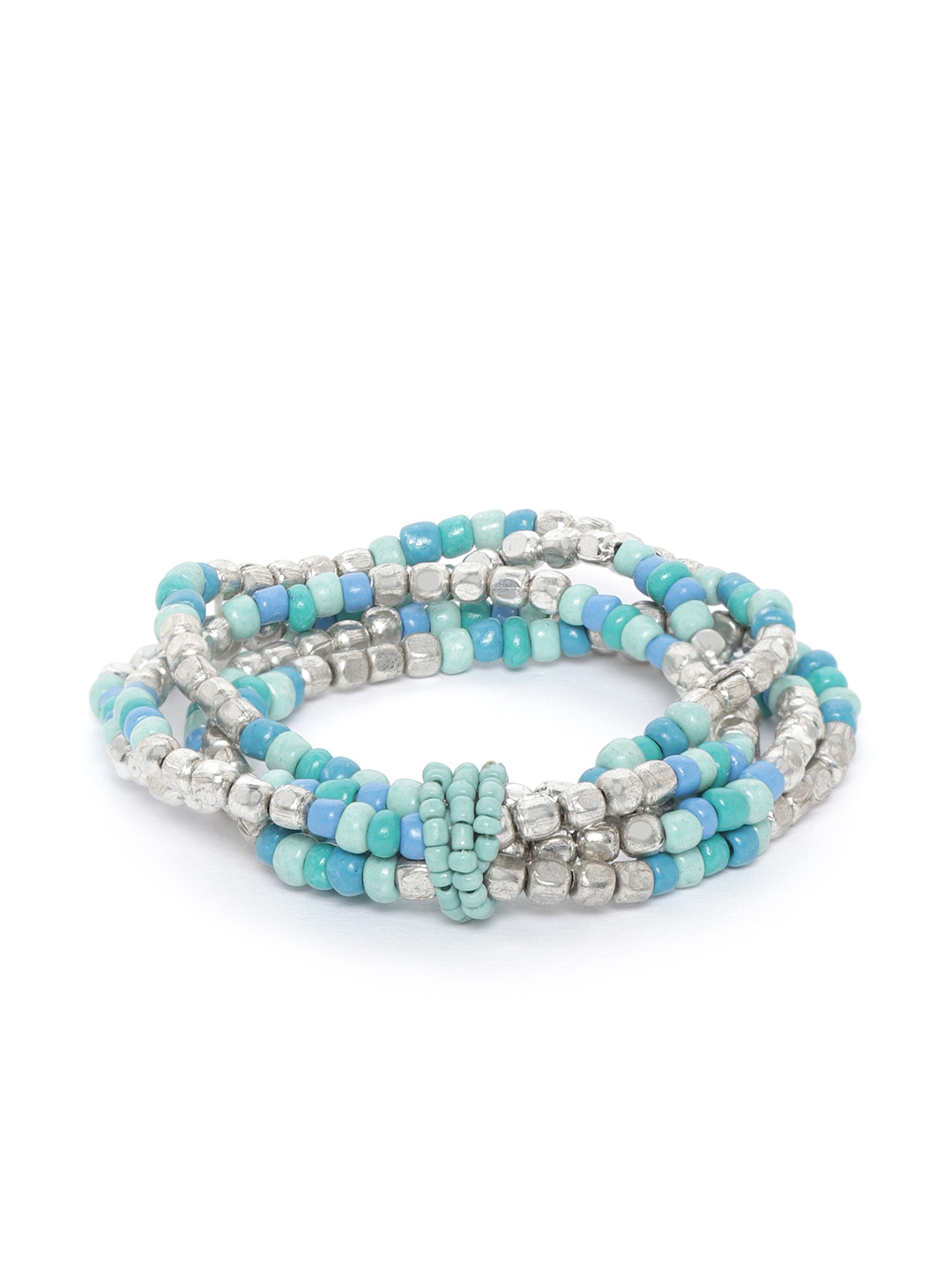 RICHEERA Blue & Silver-Toned Beaded Multistranded Elasticated Bracelet