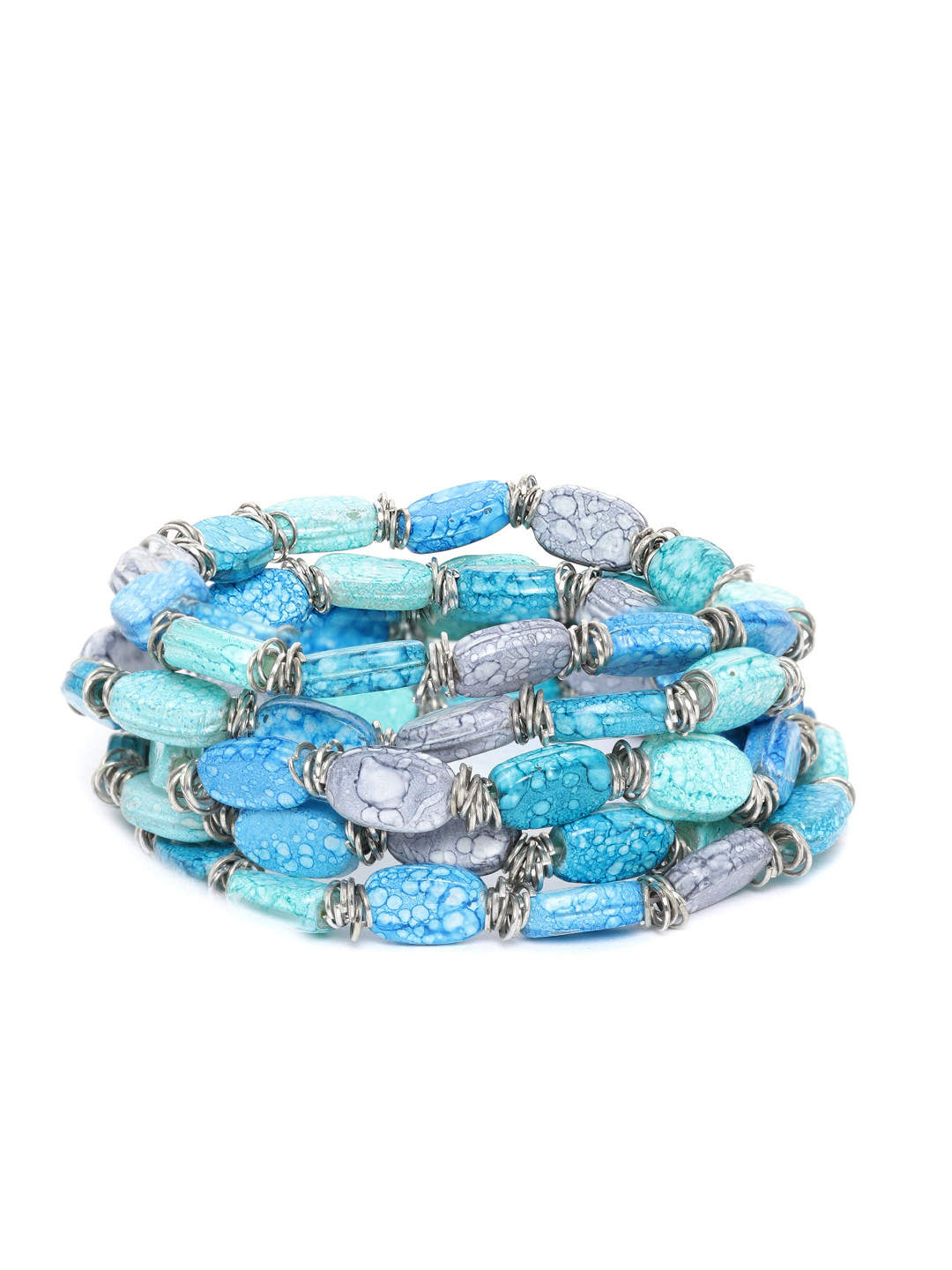 RICHEERA Set of 5 Turquoise Blue & Sea Green Silver-Plated Beaded Elasticated Bracelets