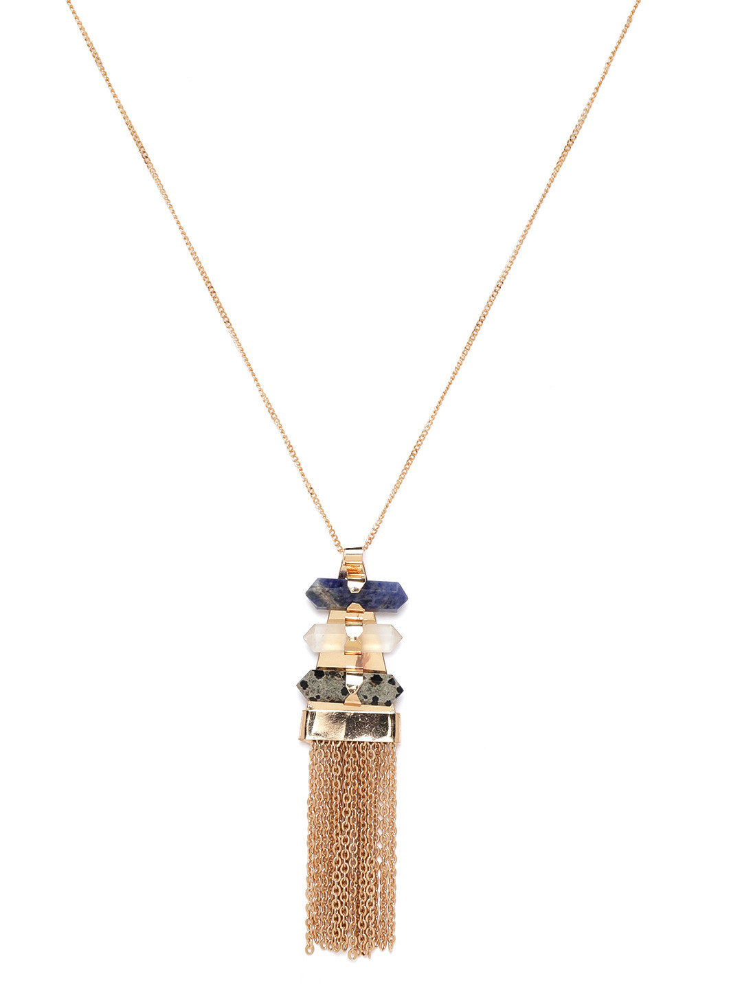 RICHEERA Blue & Grey Rose Gold-Plated Stone-Studded Tasselled Pendant with Chain