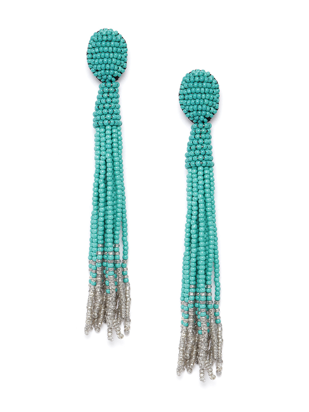 RICHEERA Sea Green & Grey Beaded Tasselled Drop Earrings