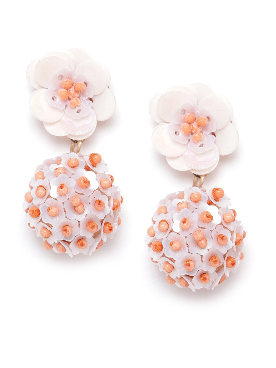 RICHEERA Peach-Coloured & Light Pink Spherical & Floral Beaded & Sequinned Drop Earrings