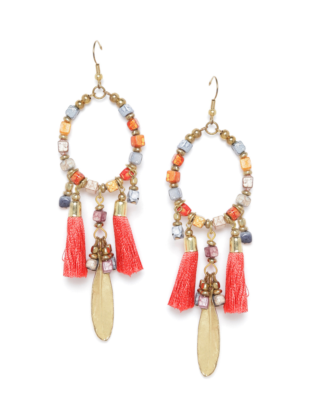 RICHEERA Coral Red & Blue Gold-Plated Beaded Tasselled Oval Drop Earrings