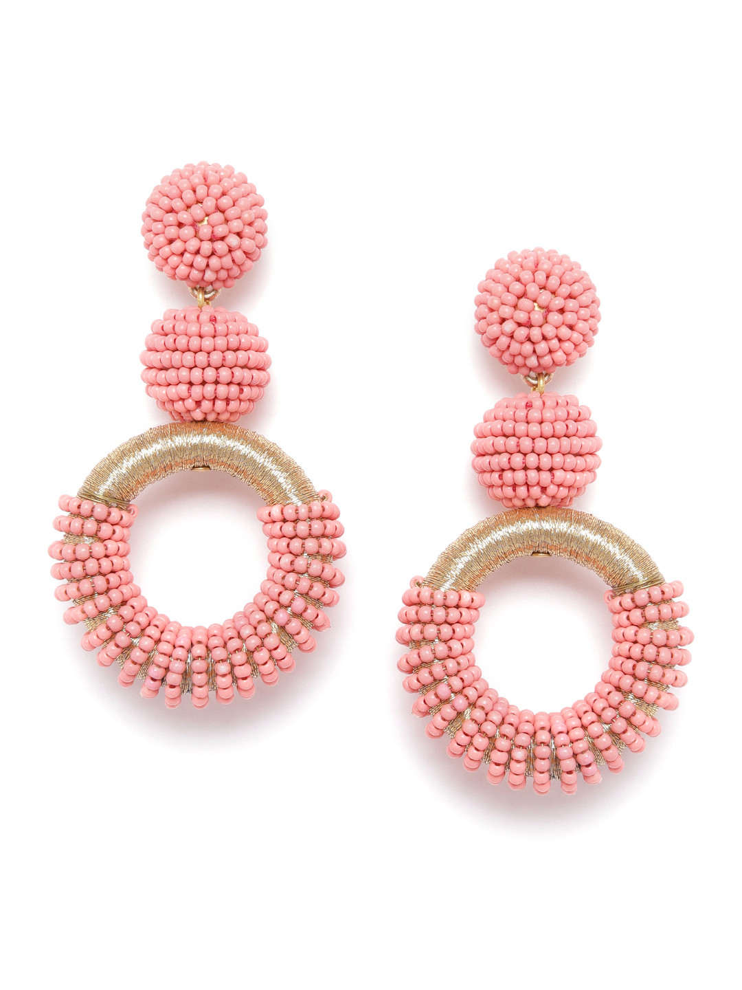 RICHEERA Pink & Gold-Toned Beaded Circular Drop Earrings