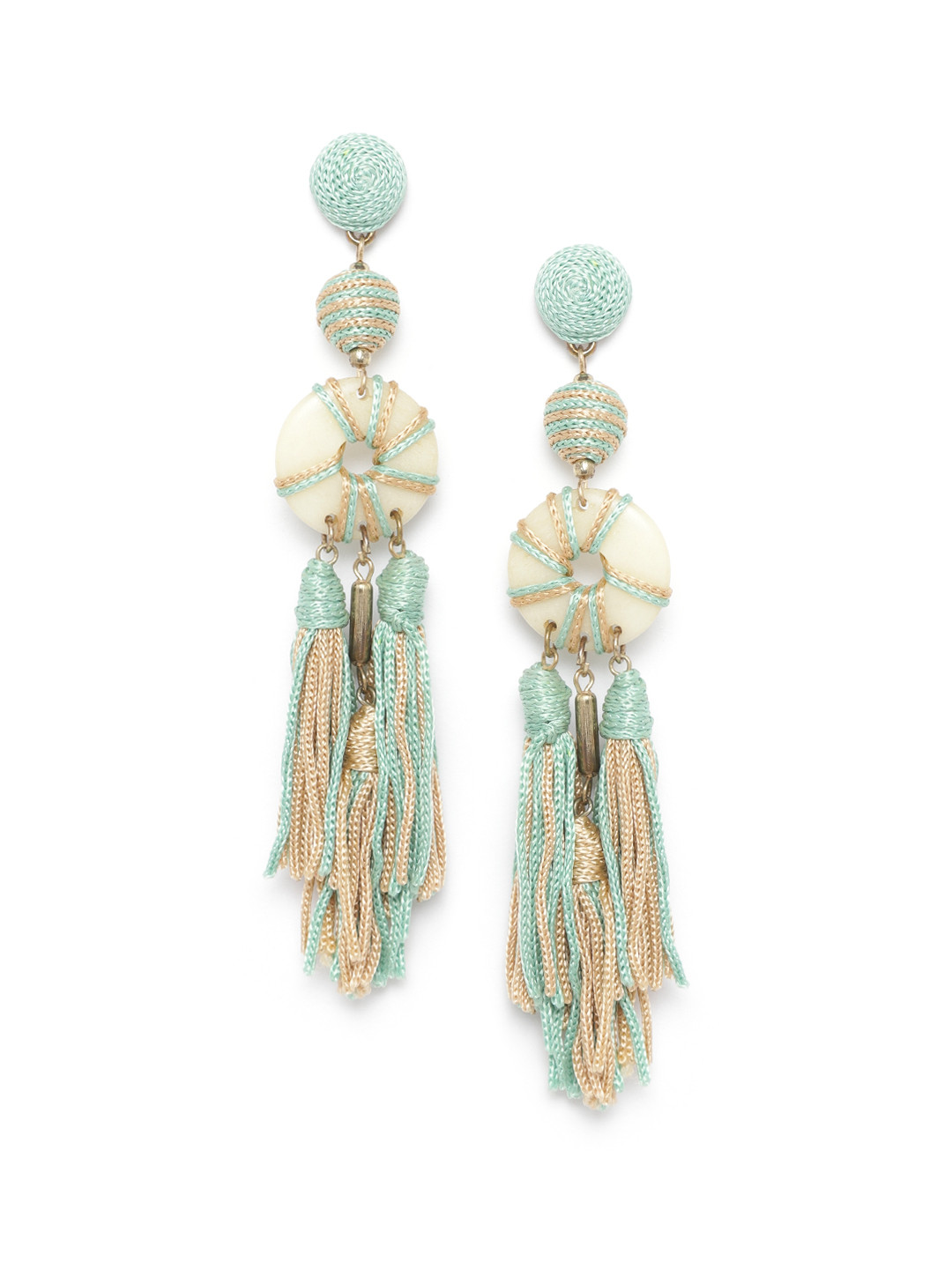 RICHEERA Mint Green & Beige Antique Gold-Plated Tasselled Contemporary Drop Earrings