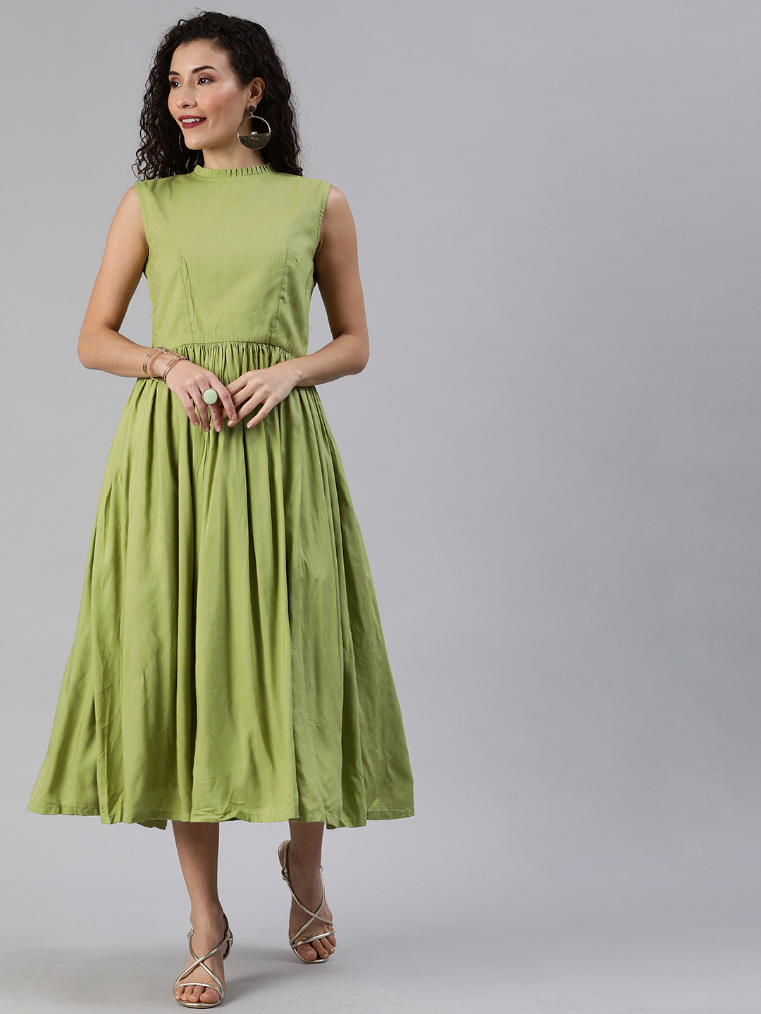 Ethnovog Women Olive Green Solid Made to Measure A-Line Dress with Gather Details