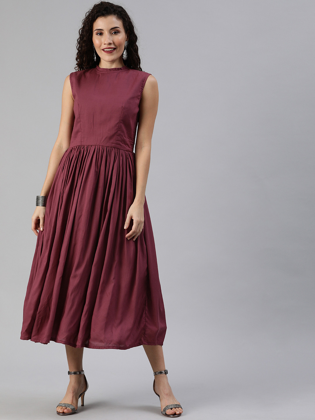 Ethnovog Women Burgundy Solid Made to Measure A-Line Dress with Gather Details