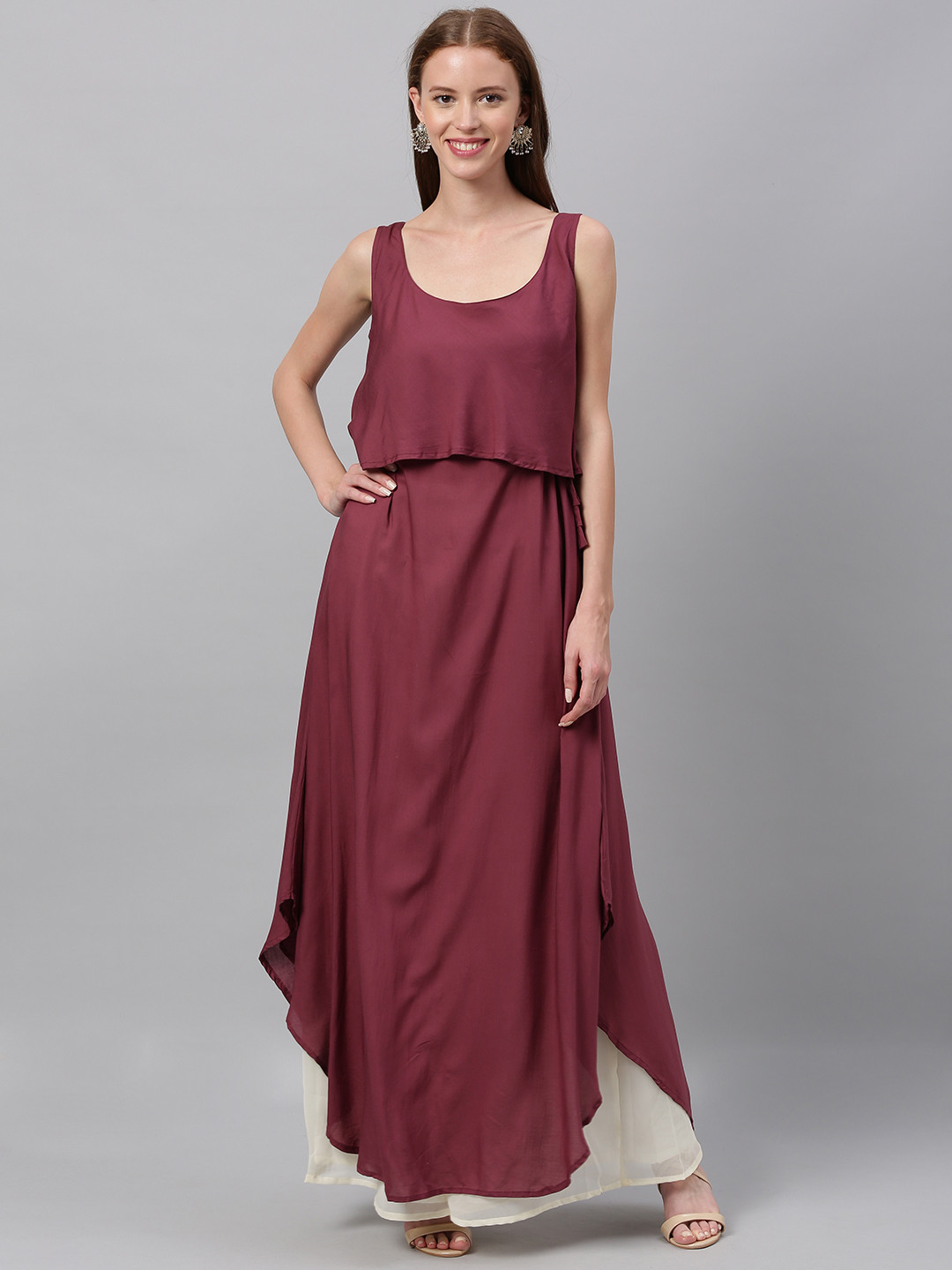 Ethnovog Women Burgundy Solid Layered Maxi Made To Measure Dress