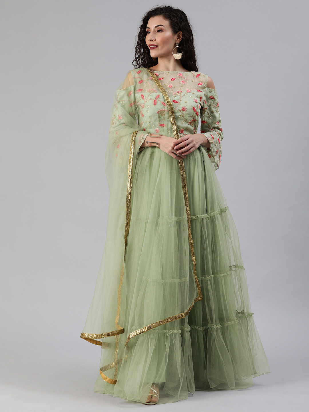 Ethnovog Green Embroidered Made to Measure Lehenga  Blouse with Dupatta