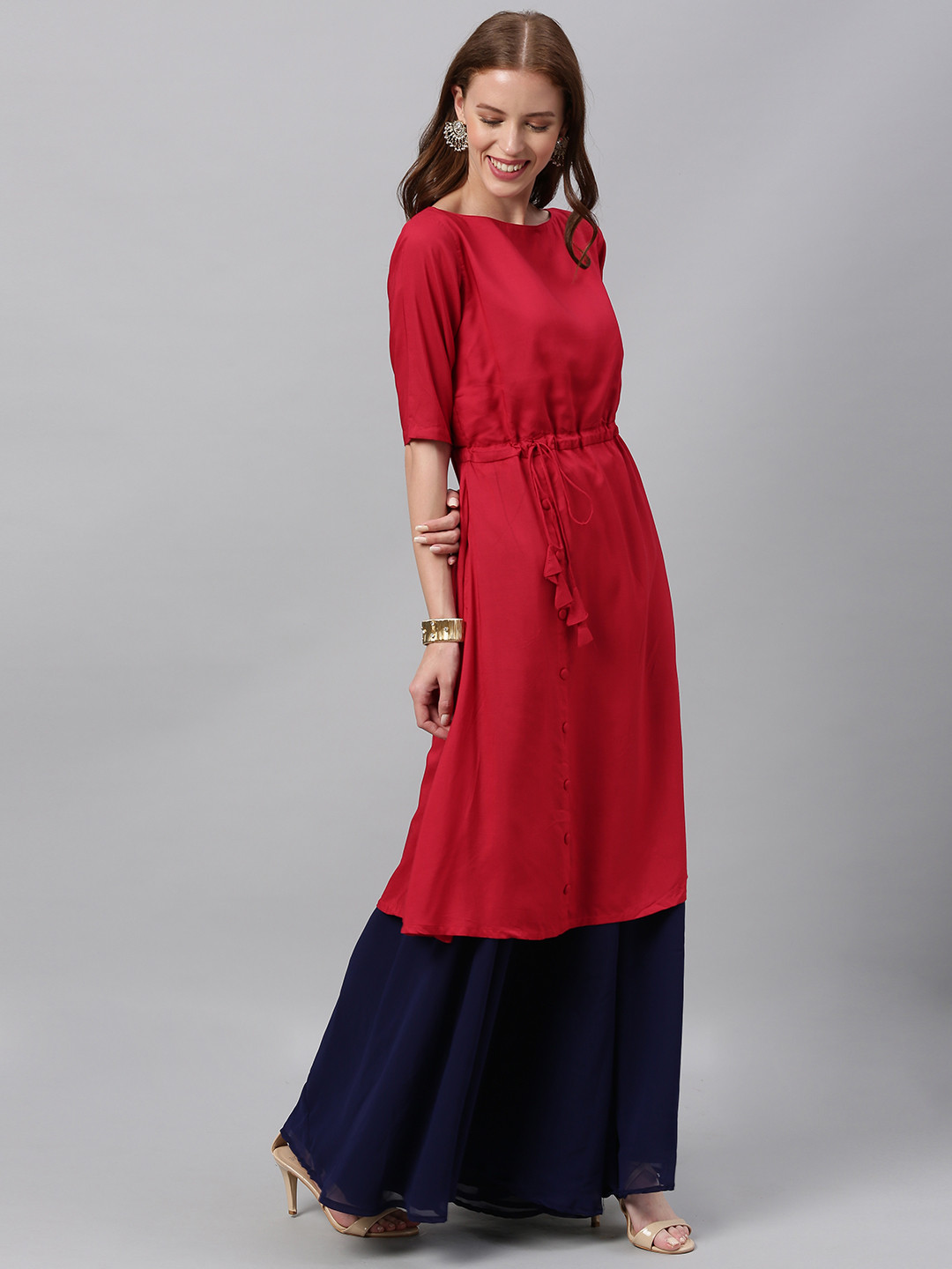 Ethnovog Women Pink Solid A-Line Made To Measure Kurta with Waist Tie-Ups