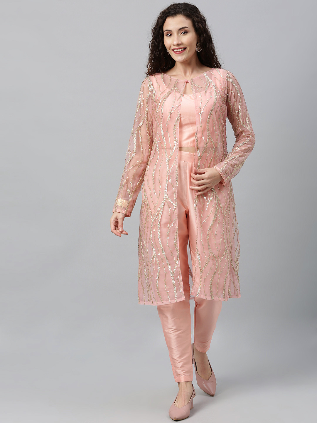 Ethnovog Women Peach-Coloured Made to Measure Top with Trousers  Sequined Shrug