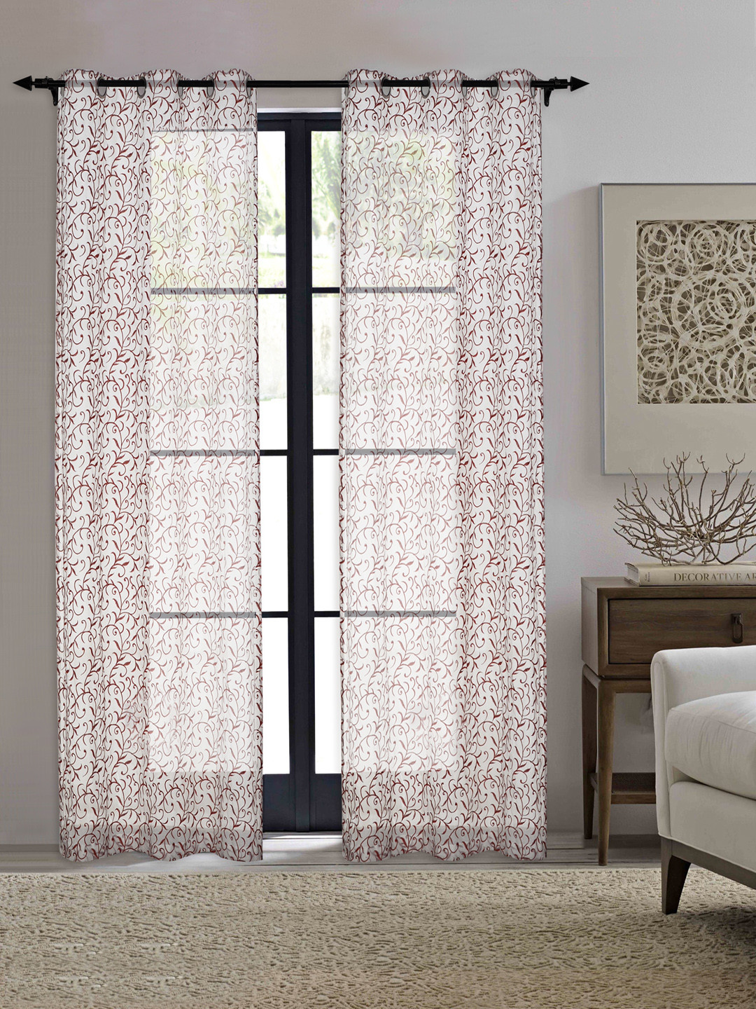 Deco Window Red & Grey Set of 2 Sheer Door Curtains