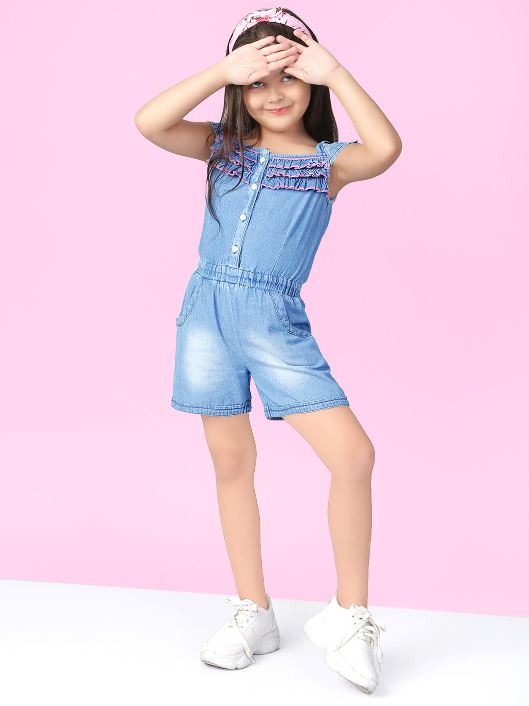 Naughty Ninos Girls Blue & Pink Solid Capri Jumpsuit