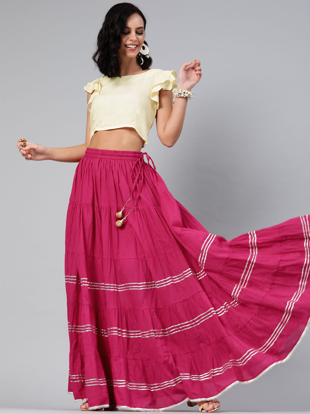 Geroo Jaipur Hand Crafted flared Pink Pure Cotton Skirt with White Crop Top