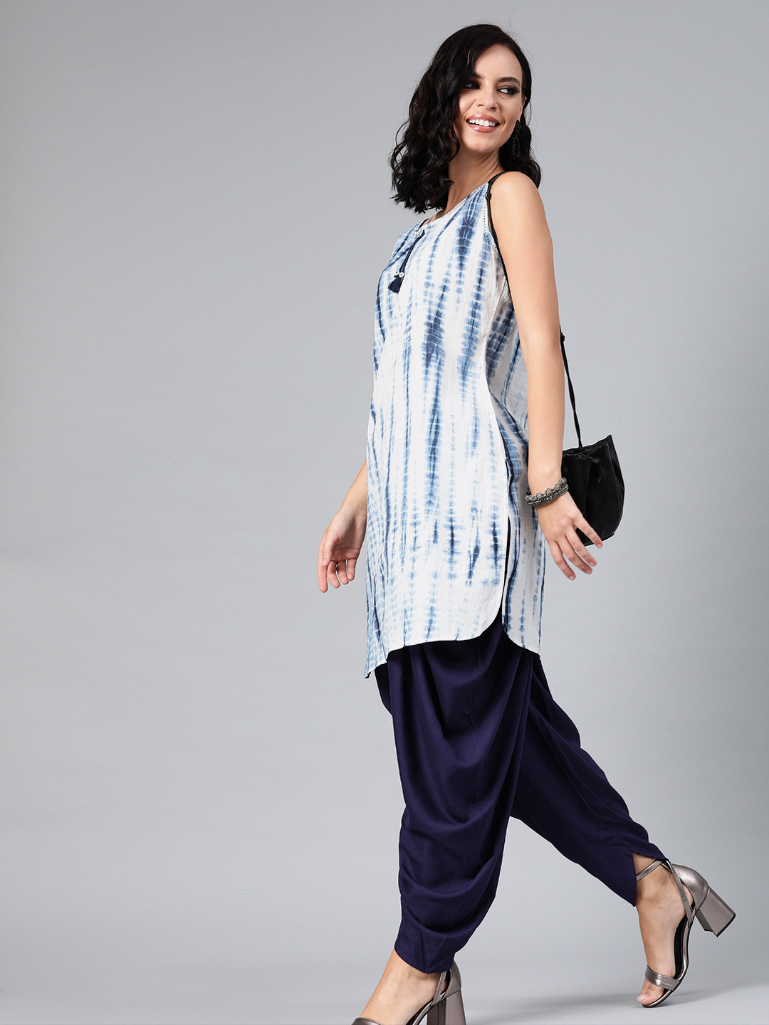 Geroo Jaipur Indigo Hand Dyed Shibori Sustainable Fusion Kurta with Solid Blue Dhoti