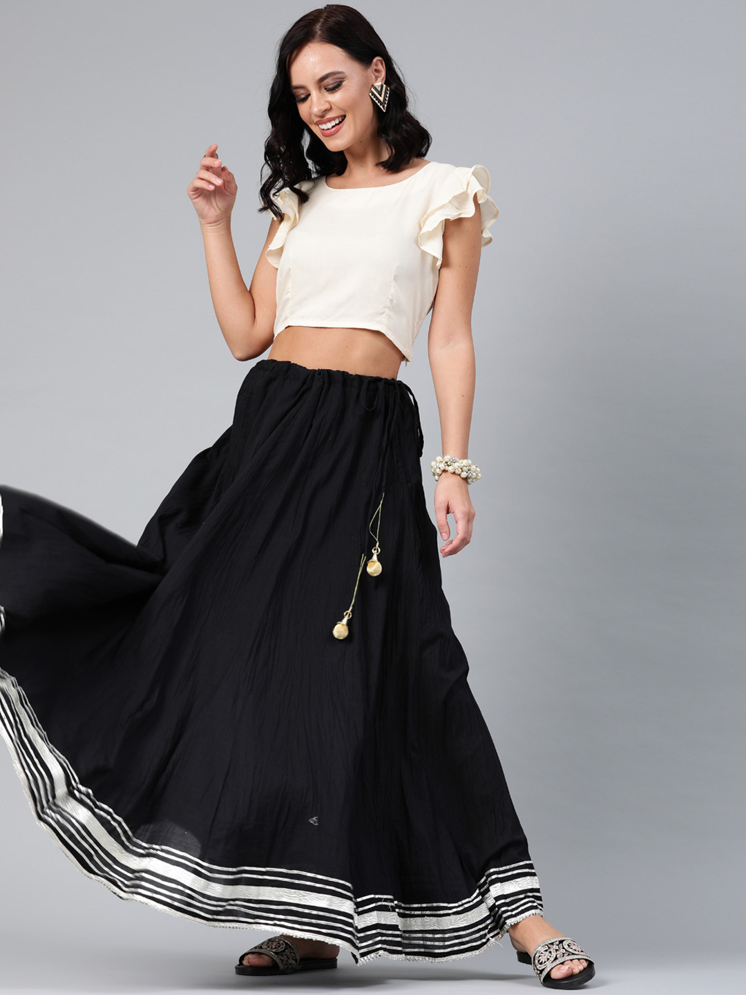 Geroo Jaipur Hand Crafted flared Black Pure Cotton Skirt with White Crop Top