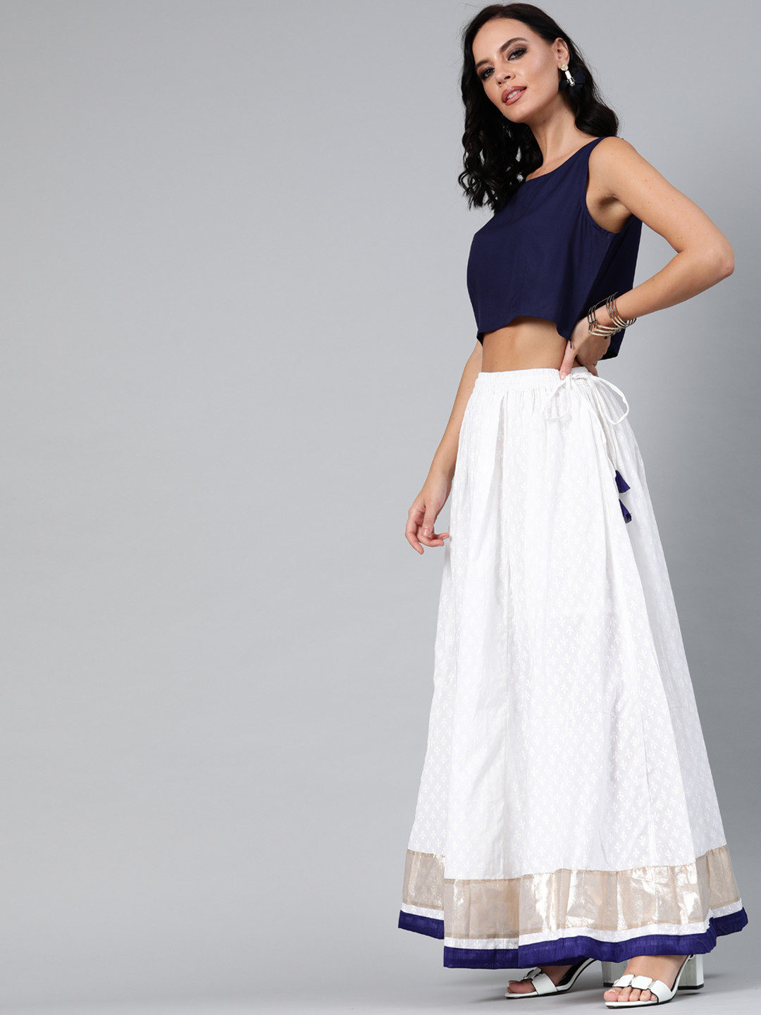 Geroo Jaipur White Pure Cotton long Skirt with Navy Blue Crop Top