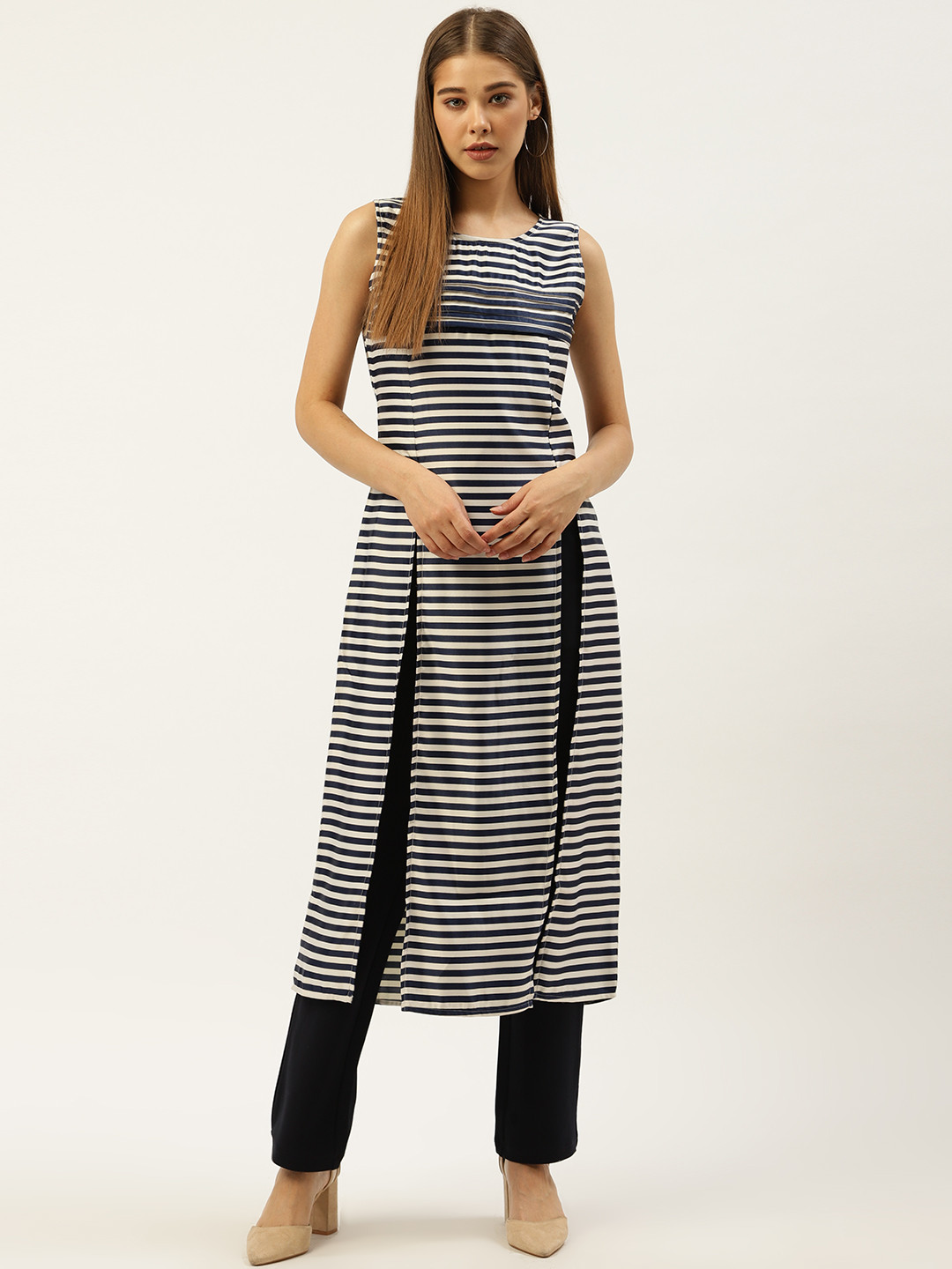 An Episode Women's Navy Blue & White Striped High Slit Tunic