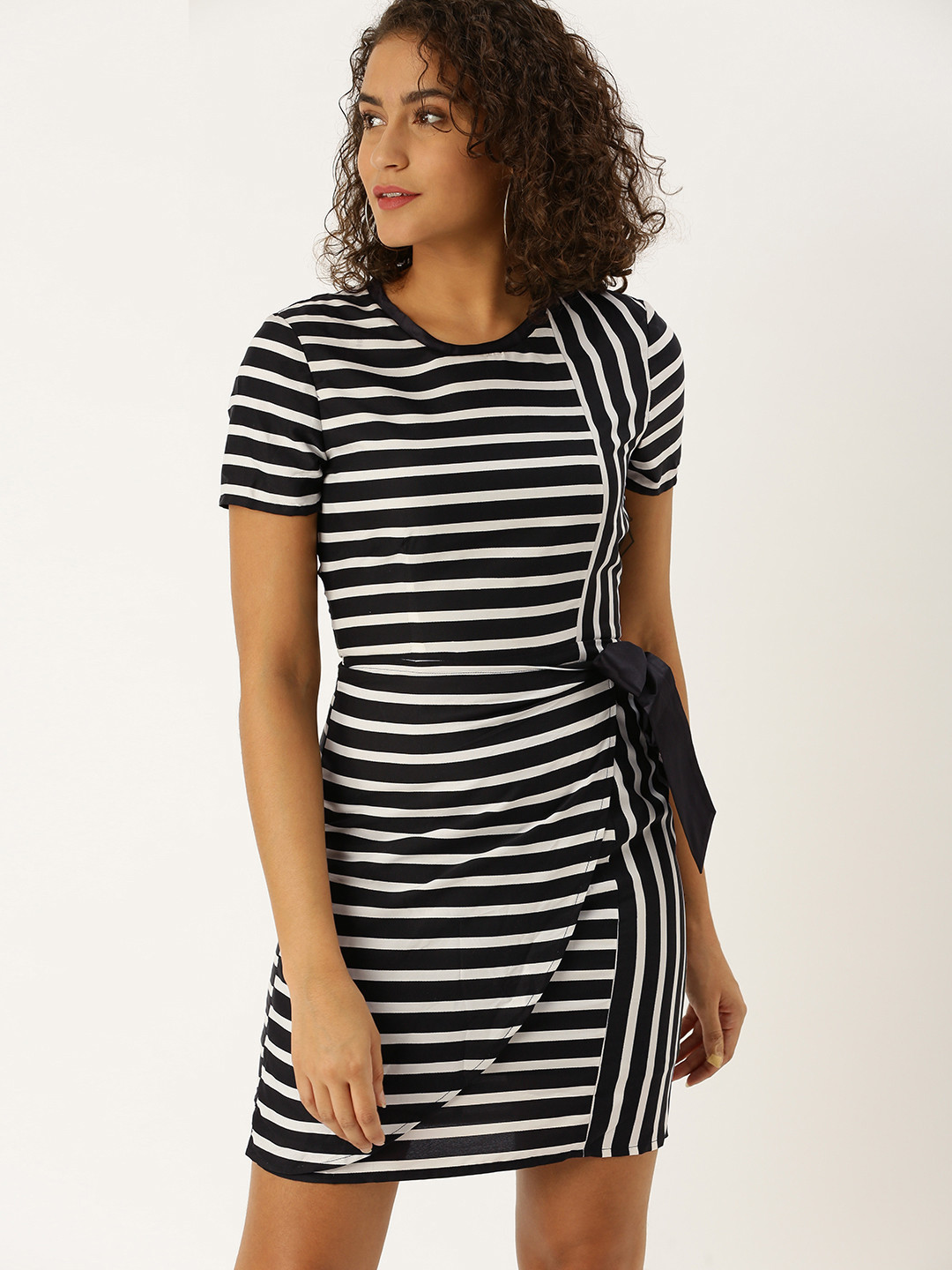 DODO & MOA Women Black & White Striped Sheath Dress With Tie-Ups