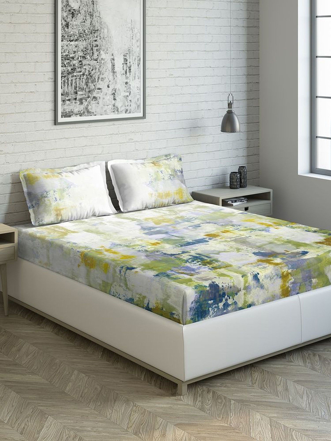 DDecor Beige & Blue Abstract 150 TC Cotton 1 King Bedsheet with 2 Pillow Covers