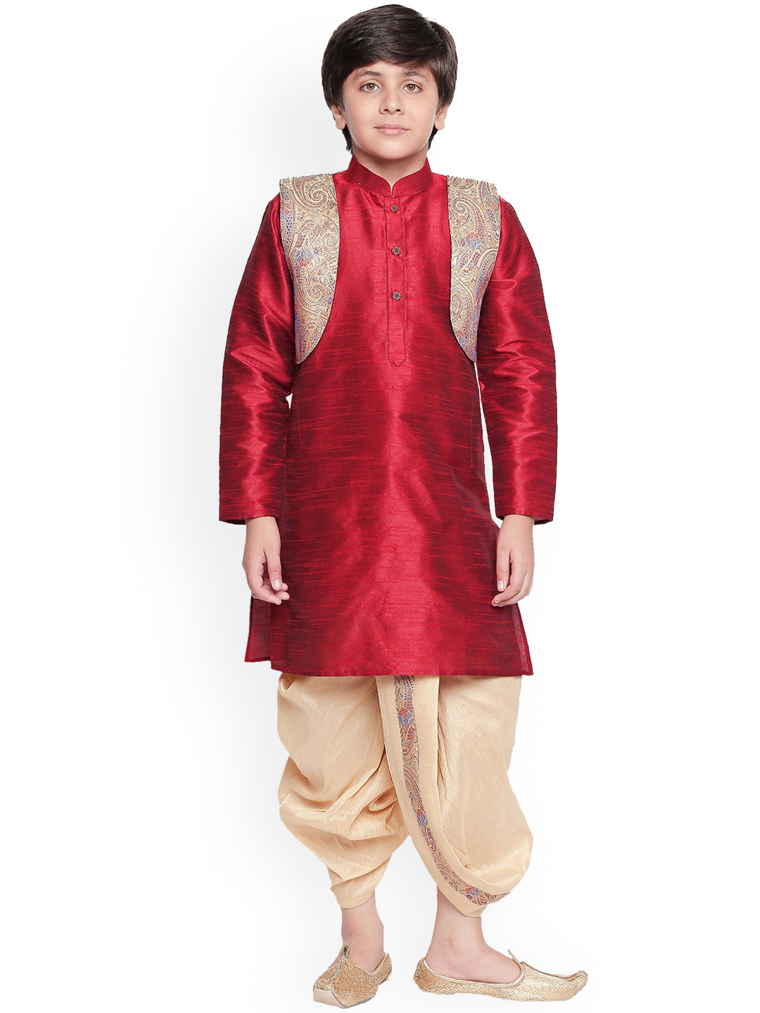 Jeetethnics Boys Maroon & Gold-Toned Self Design Panchakattu