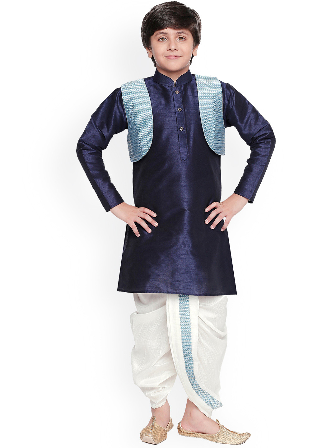Jeetethnics Boys Navy Blue & Off-White Self Design Panchakattu