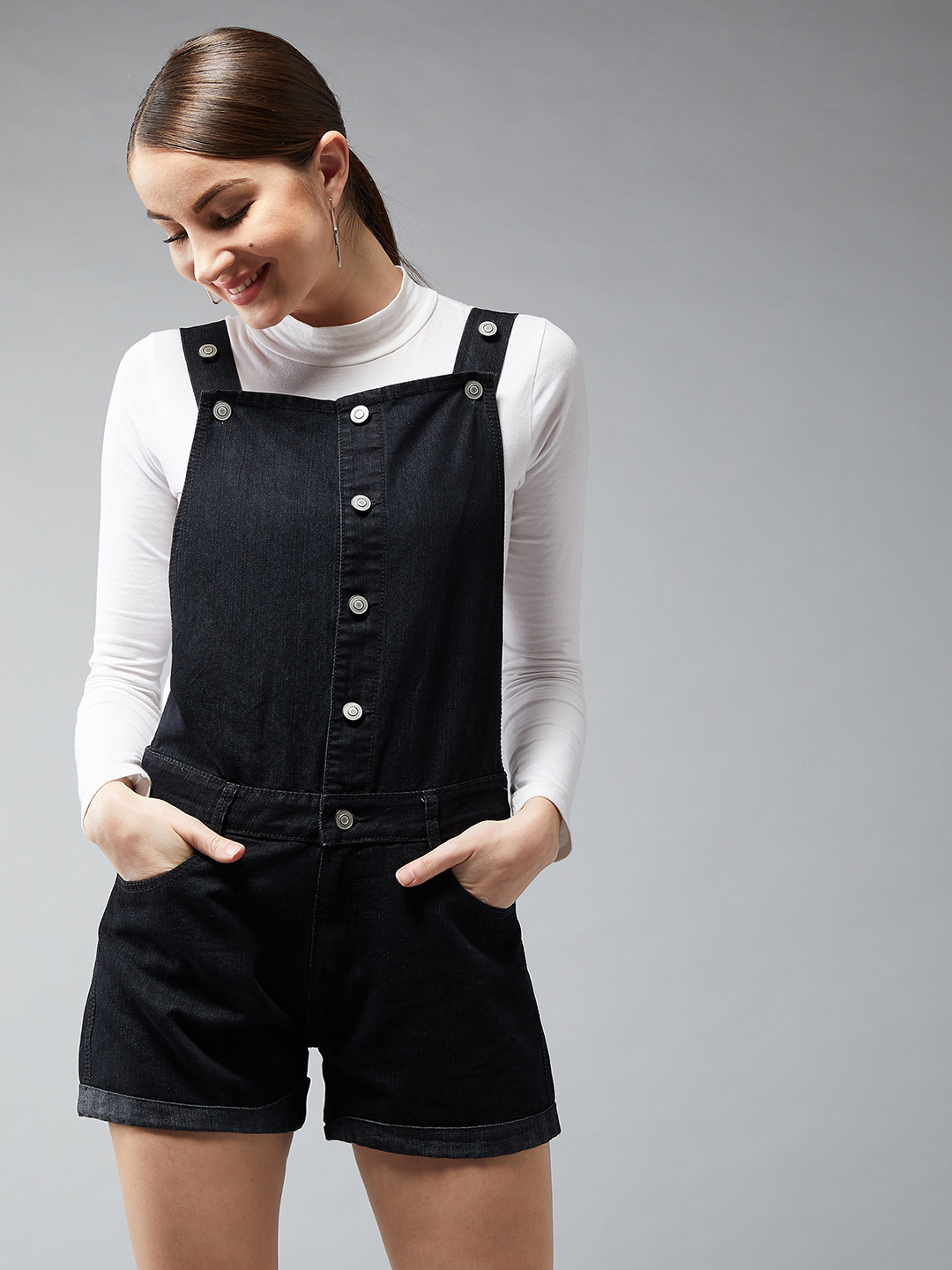 DOLCE CRUDO Women Black Solid Living My Style Denim Dungaree